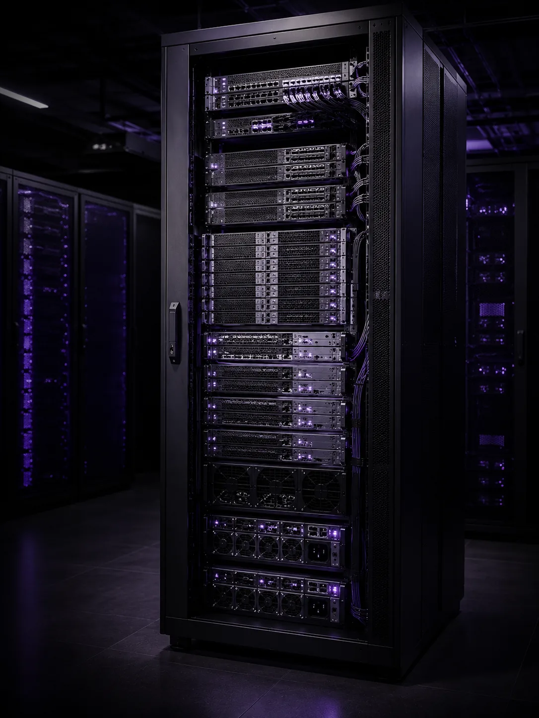 A complete dedicated server rack isolated inside a modern data center