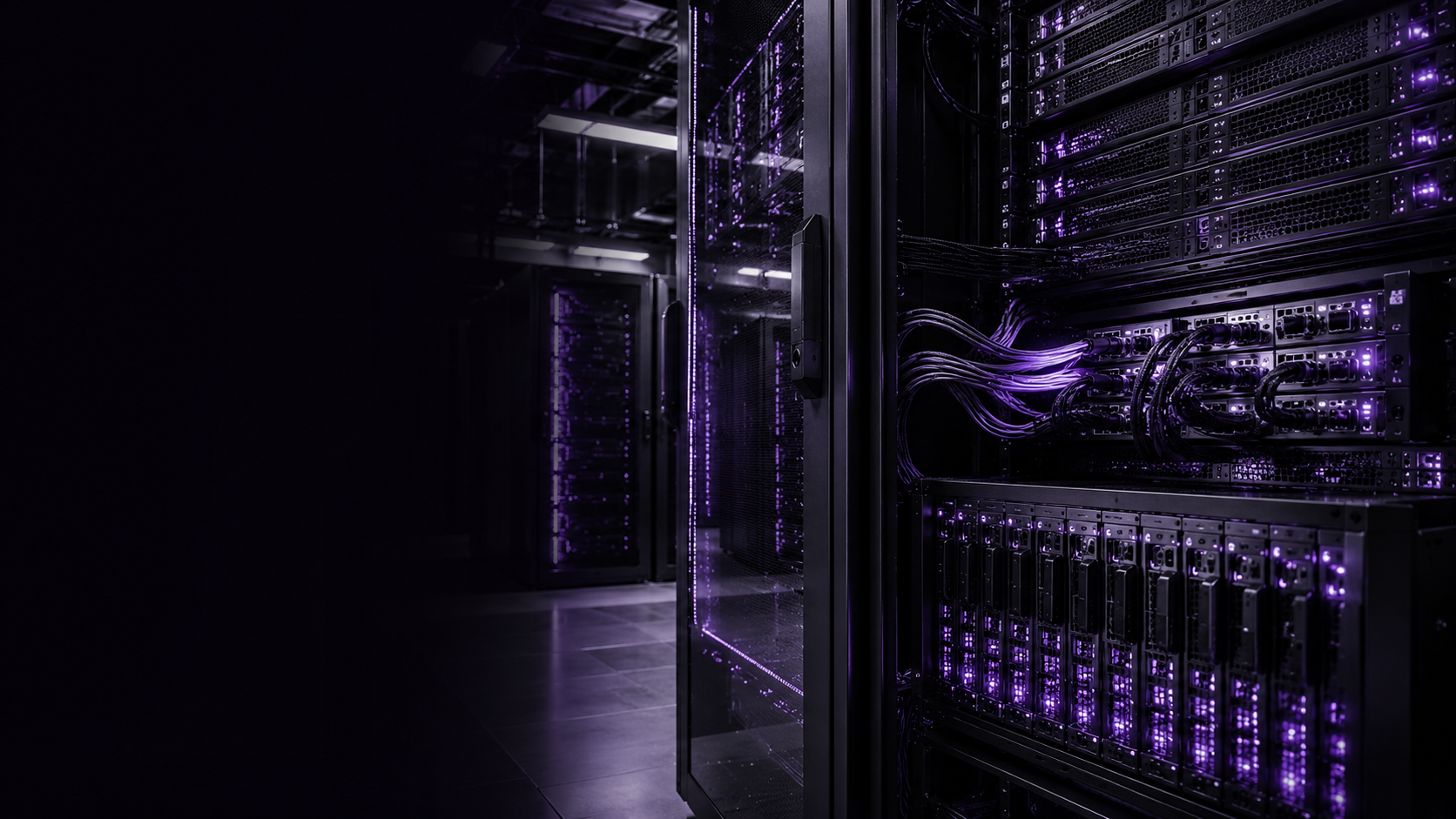 Cybroxa server infrastructure illuminated by restrained violet data center lighting